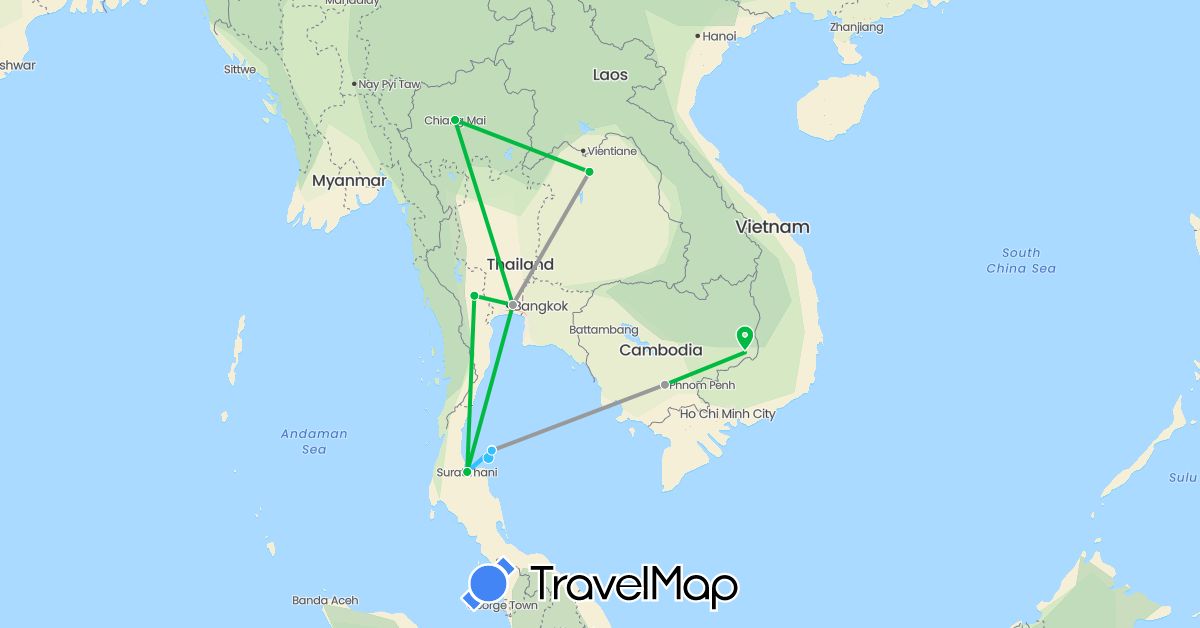 TravelMap itinerary: driving, bus, plane, boat in Cambodia, Thailand (Asia)